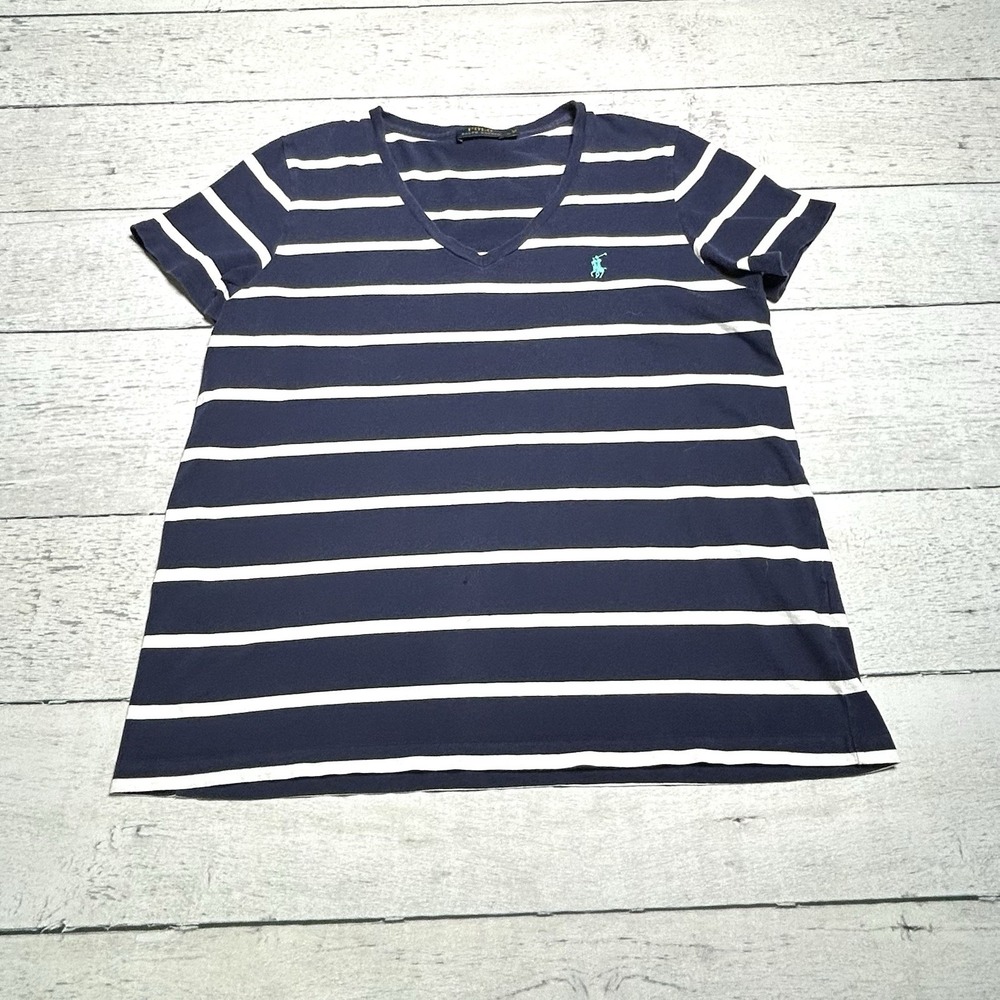 Polo Ralph Lauren Womens Navy White Striped Cotton T-Shirt Size Large Pony Logo